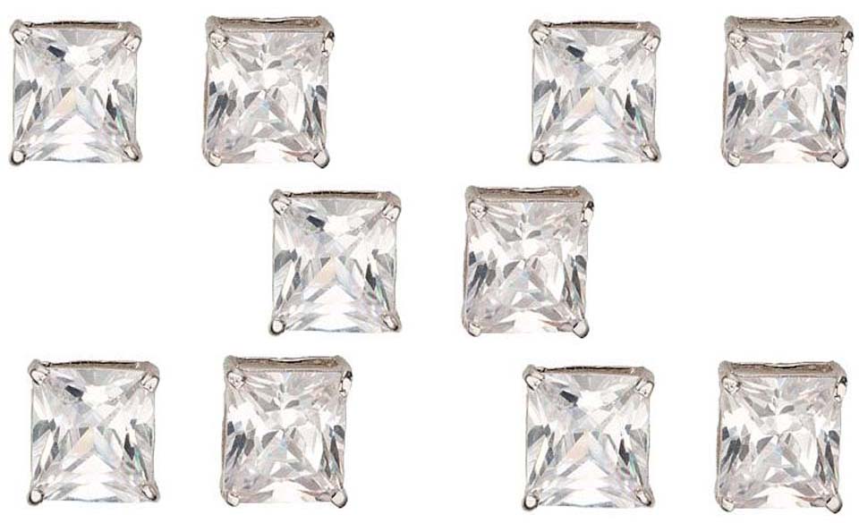 18k White Gold Plated 6mm 1Ct Square Cut White Sapphire Set Of Five Stud Earrings