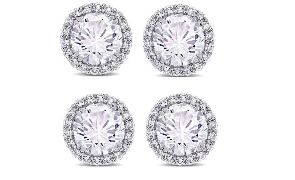 18k White Gold Plated 2Ct Round White Sapphire Set of Two Halo Stud Earrings