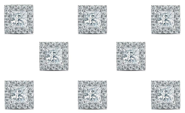 18k White Gold Plated 1Ct Princess Cut White Sapphire Set of Four Halo Stud Earrings