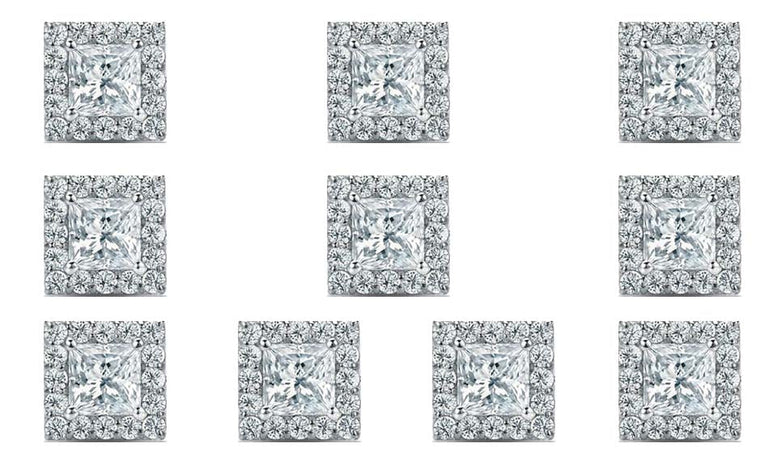 14k White Gold Plated 1/2Ct Princess Cut White Sapphire Set of Five Halo Stud Earrings