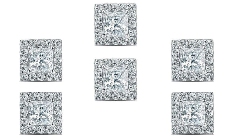 14k White Gold Plated 3Ct Princess Cut White Sapphire Set of Three Halo Stud Earrings