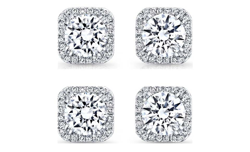 14k White Gold Plated 3Ct Square Cut White Sapphire Set of Two Halo Stud Earrings