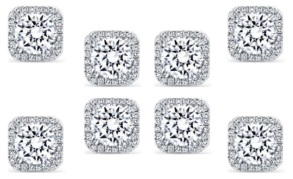 14k White Gold Plated 1Ct Square Cut White Sapphire Set of Four Halo Stud Earrings