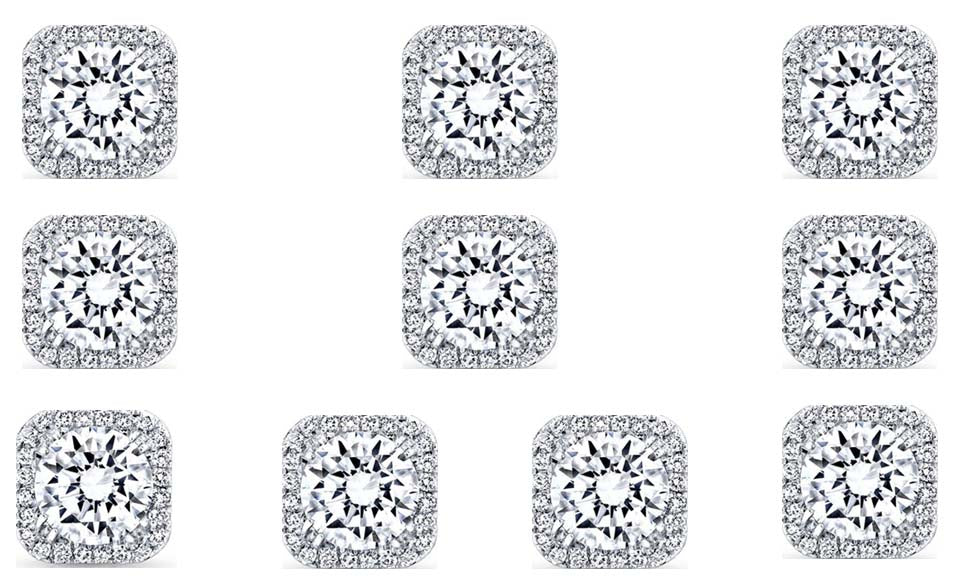 14k White Gold Plated 1/2Ct Square Cut White Sapphire Set of Five Halo Stud Earrings
