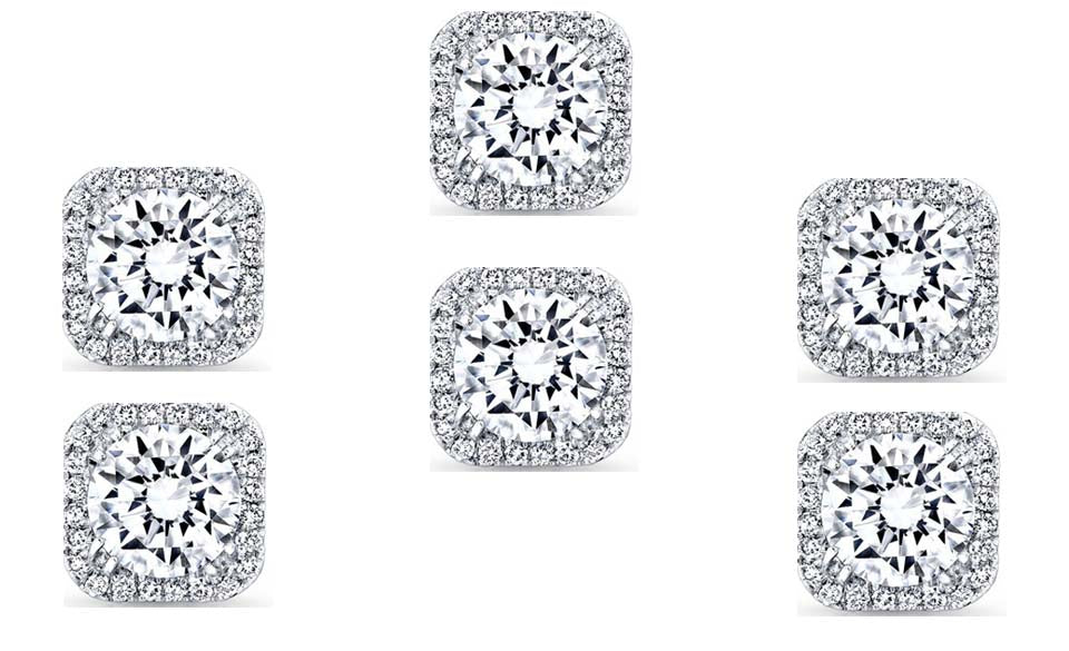 18k White Gold Plated 4Ct Square Cut White Sapphire Set of Three Halo Stud Earrings