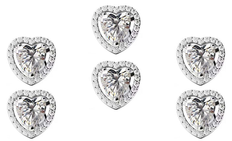 14k White Gold Plated 1Ct Heart White Sapphire Set of Three Halo Stud Earrings