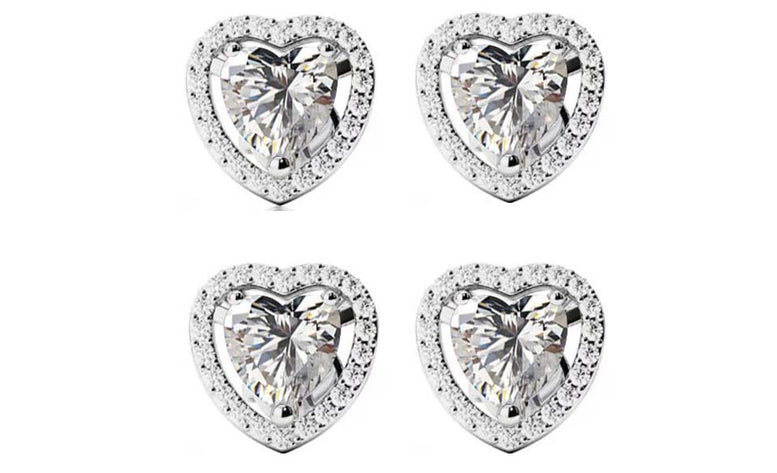 14k White Gold Plated 1/2Ct Heart White Sapphire Set of Two Halo Stud Earrings