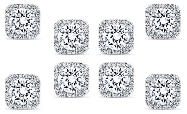 14k White Gold Plated 6mm 1/2Ct Square Cut White Sapphire Set of Four Halo Stud Earrings