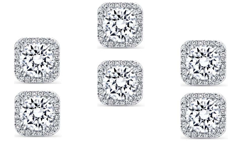 14k White Gold Plated 6mm 1/2Ct Square Cut White Sapphire Set of Three Halo Stud Earrings