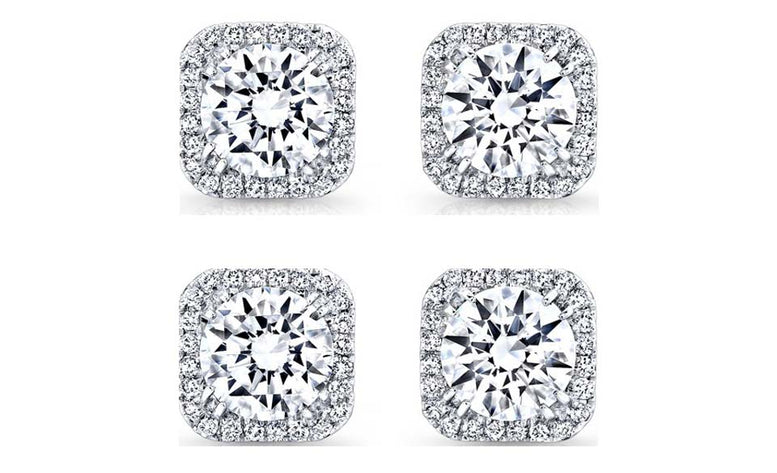 14k White Gold Plated 6mm 4Ct Square Cut White Sapphire Set of Two Halo Stud Earrings