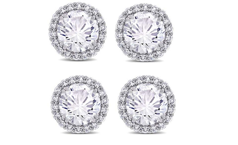 18k White Gold Plated 6mm 1Ct Round White Sapphire Set of Two Halo Stud Earrings