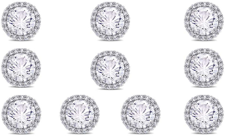 14k White Gold Plated 6mm 2Ct Round White Sapphire Set Of Five Halo Stud Earrings