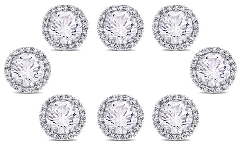 14k White Gold Plated 6mm 3Ct Round White Sapphire Set Of Four Halo Stud Earrings