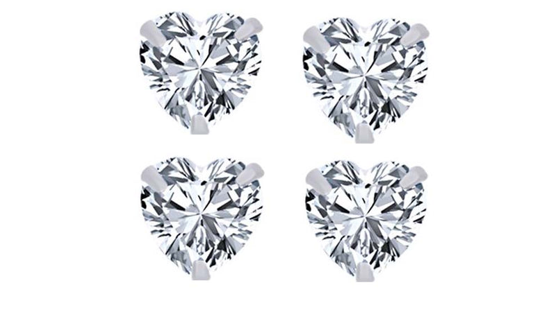18k White Gold Plated 4mm 2Ct Heart White Sapphire Set Of Two Stud Earrings