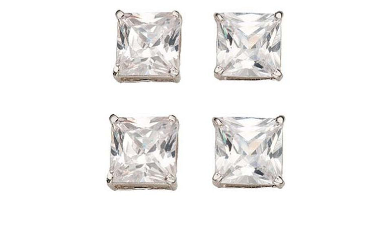 18k White Gold Plated 6mm 1Ct Square Cut White Sapphire Set Of Two Stud Earrings