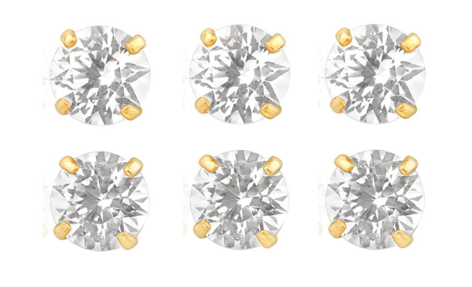 14k Yellow Gold Plated 6mm 4Ct Round White Sapphire Set Of Three Stud Earrings