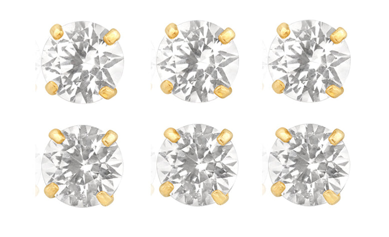 18k Yellow Gold Plated 6mm 1Ct Round White Sapphire Set Of Three Stud Earrings
