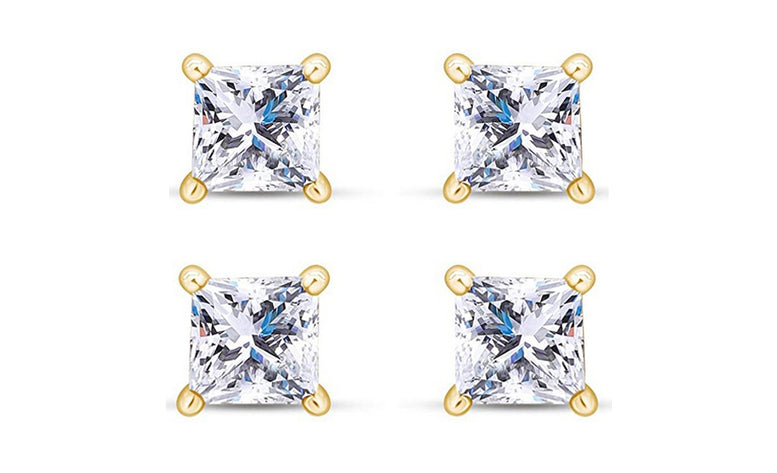 18k Yellow Gold Plated 6mm 1Ct Princess Cut White Sapphire Set Of Two Stud Earrings