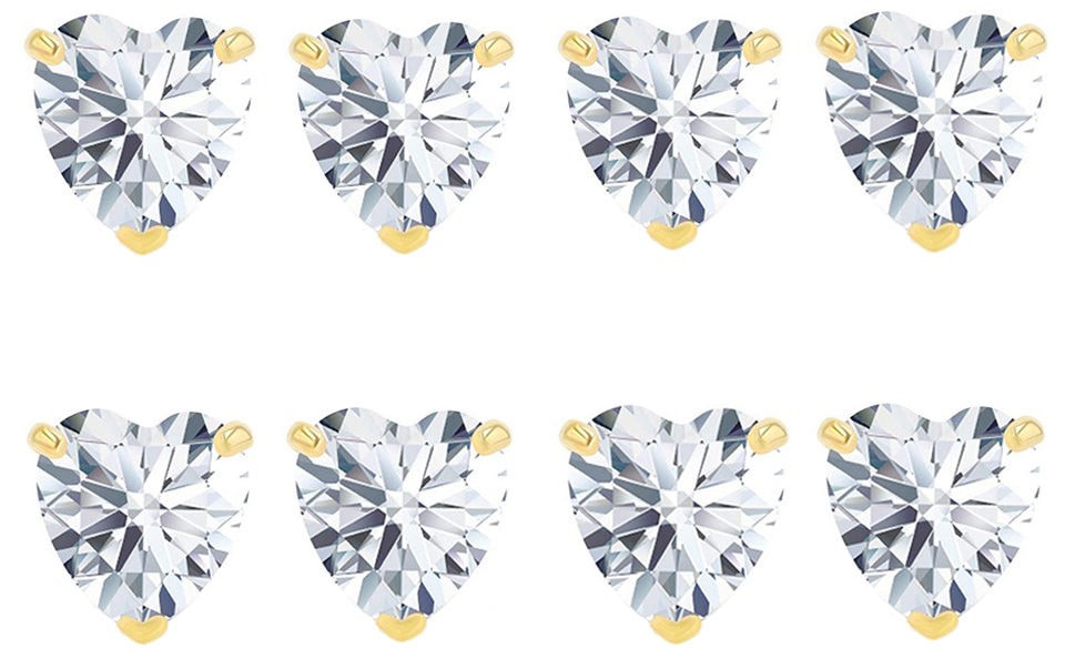 14k Yellow Gold Plated 6mm 4Ct Heart White Sapphire Set Of Four Stud Earrings