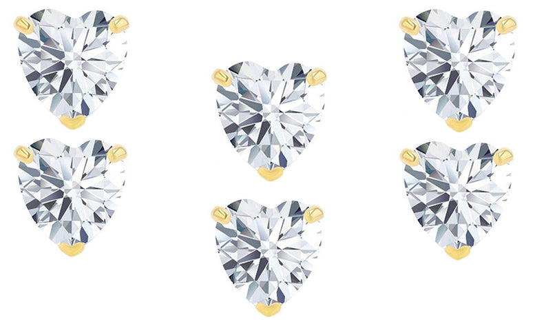 14k Yellow Gold Plated 3Ct Heart White Sapphire Set Of Three Stud Earrings