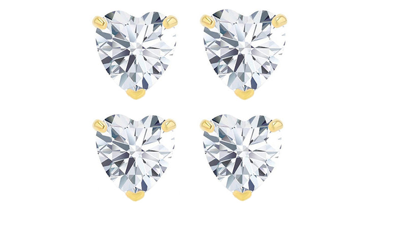 14k Yellow Gold Plated 4Ct Heart White Sapphire Set Of Two Stud Earrings