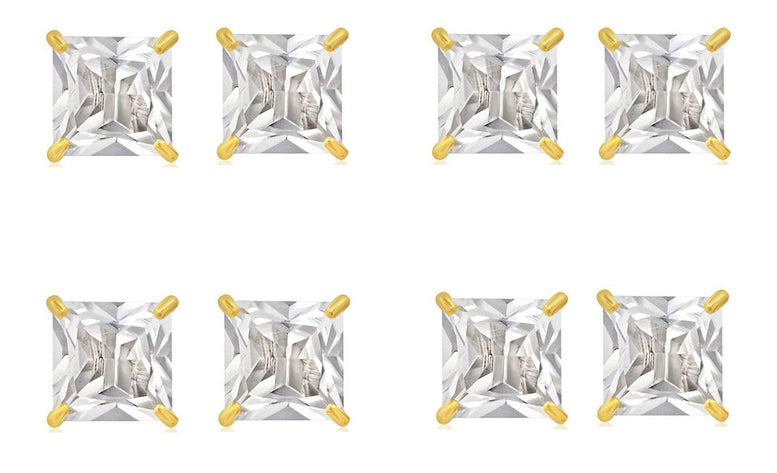 14k Yellow Gold Plated 4Ct Square Cut White Sapphire Set Of Four Stud Earrings