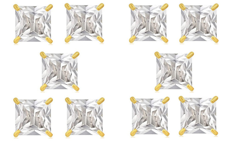 14k Yellow Gold Plated 6mm 3Ct Square Cut White Sapphire Set Of Five Stud Earrings
