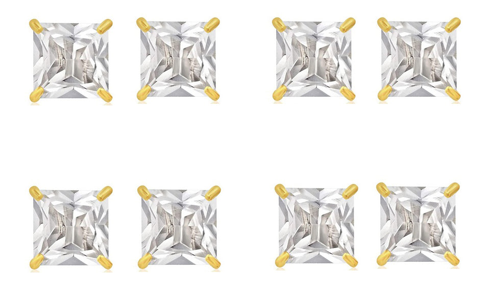 18k Yellow Gold Plated 4mm 3Ct Square Cut White Sapphire Set Of Four Stud Earrings