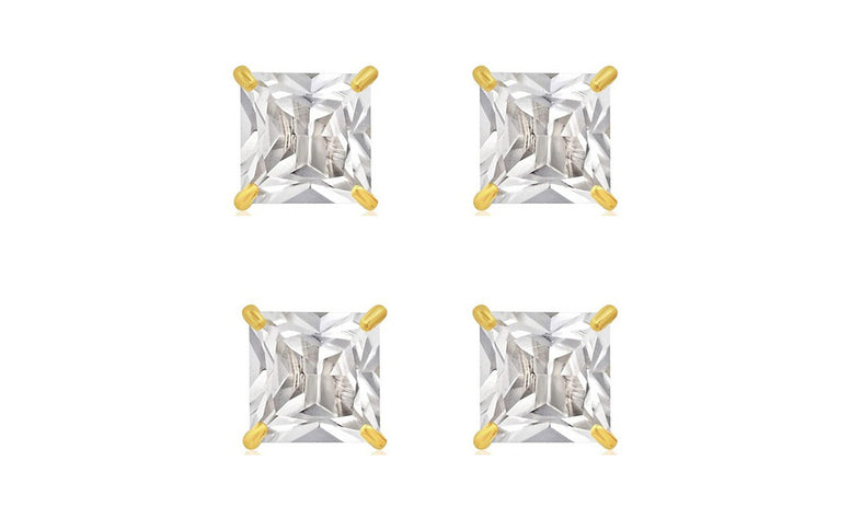 18k Yellow Gold Plated 1/2Ct Square Cut White Sapphire Set Of Two Stud Earrings