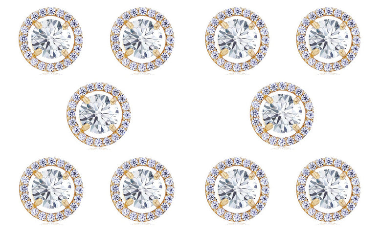 14k Yellow Gold Plated 6mm 4Ct Round White Sapphire Set Of Five Halo Stud Earrings