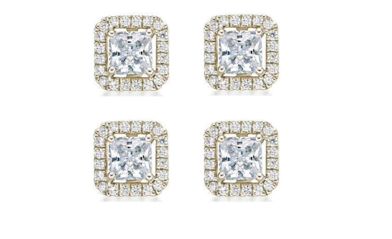 18k Yellow Gold Plated 6mm 1Ct Princess Cut White Sapphire Set of Two Halo Stud Earrings