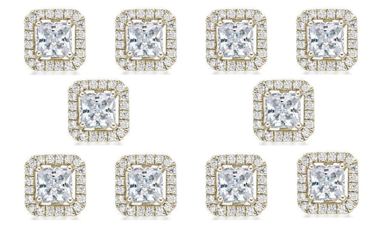 14k Yellow Gold Plated 4mm 1/2Ct Princess Cut White Sapphire Set of Five Halo Stud Earrings