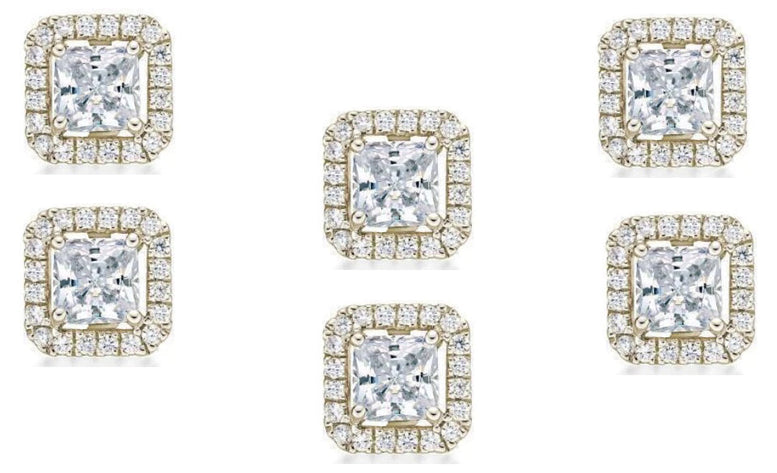14k Yellow Gold Plated 6mm 1Ct Princess Cut White Sapphire Set of Three Halo Stud Earrings