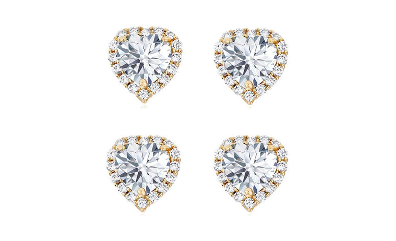 18k Yellow Gold Plated 1Ct Heart White Sapphire Set of Two Halo Stud Earrings