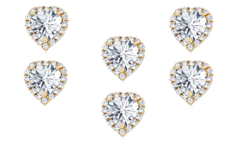 18k Yellow Gold Plated 3Ct Heart White Sapphire Set of Three Halo Stud Earrings