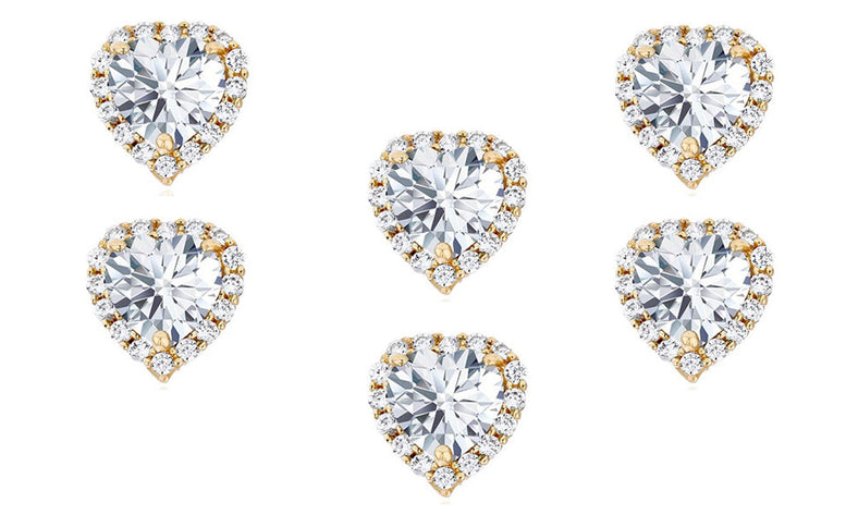 18k Yellow Gold Plated 6mm 1/2Ct Heart White Sapphire Set of Three Halo Stud Earrings