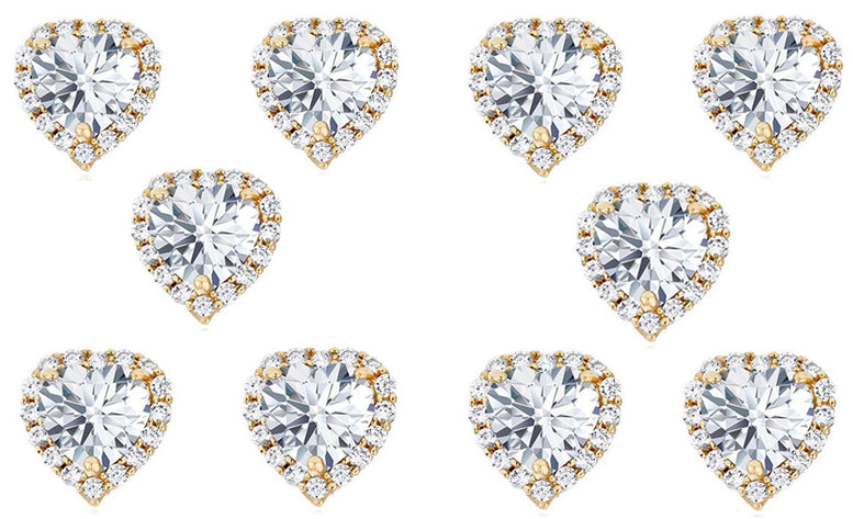 18k Yellow Gold Plated 6mm 4Ct Heart White Sapphire Set of Five Halo Stud Earrings