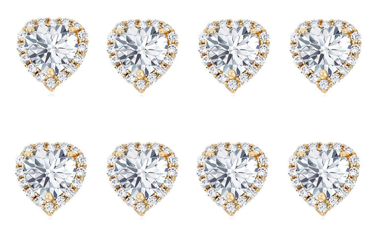 14k Yellow Gold Plated 6mm 4Ct Heart White Sapphire Set of Four Halo Stud Earrings
