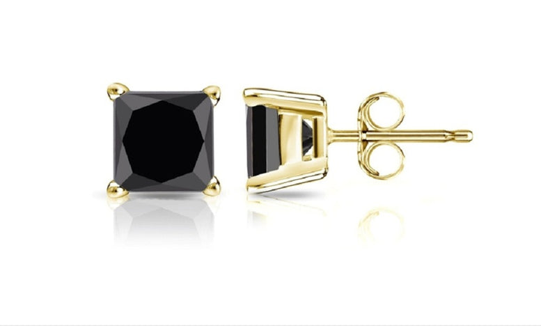 18k Yellow Gold Plated Created Black Sapphire 4 Carat Princess Cut Stud Earrings