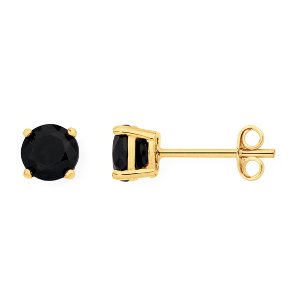 18k Yellow Gold Plated Created Black Sapphire 1 Carat Round Stud Earrings