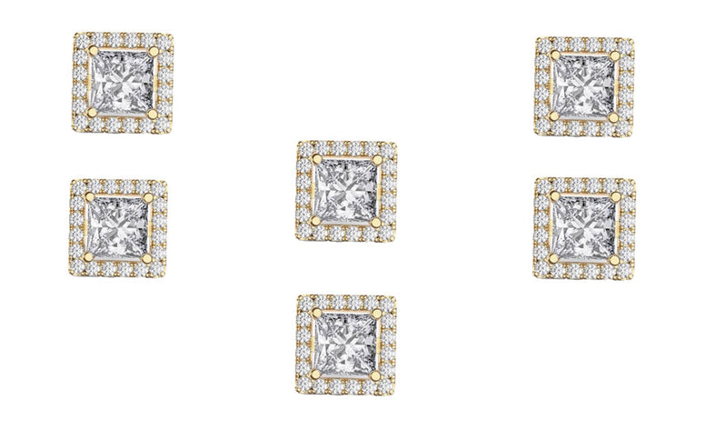 14k Yellow Gold Plated 4mm 2Ct Square Cut White Sapphire Set of Three Halo Stud Earrings