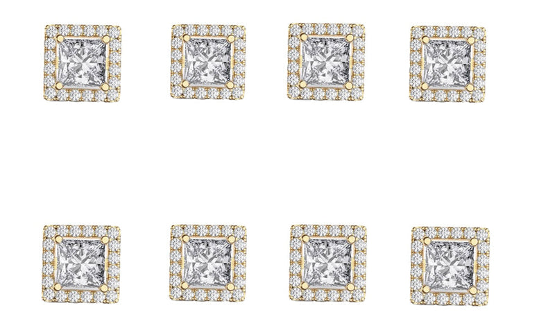 14k Yellow Gold Plated 6mm 1Ct Square Cut White Sapphire Set of Four Halo Stud Earrings