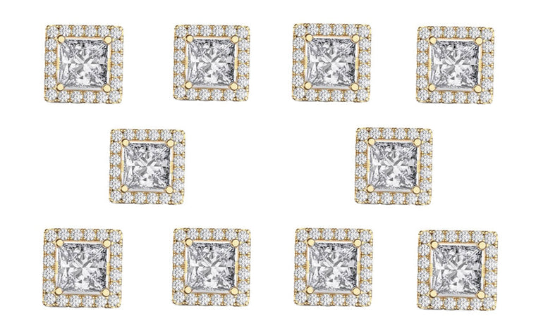 18k Yellow Gold Plated 6mm 3Ct Square Cut White Sapphire Set of Five Halo Stud Earrings
