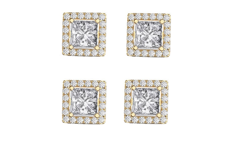 18k Yellow Gold Plated 6mm 2Ct Square Cut White Sapphire Set of Two Halo Stud Earrings