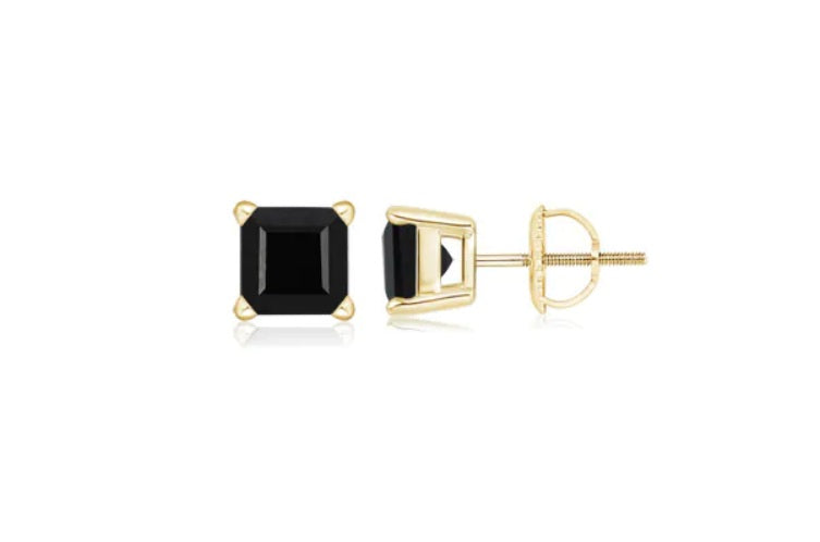 18k Yellow Gold Plated Created Black Sapphire 1/2 Carat Square Cut Stud Earrings