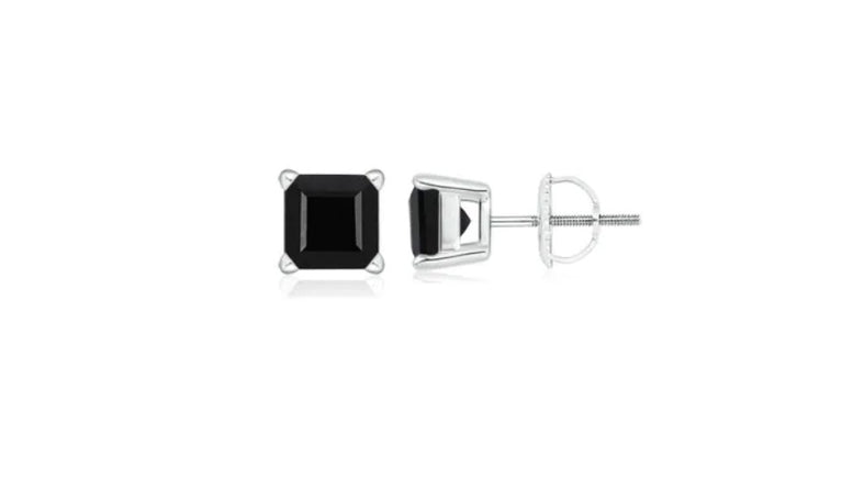 10k White Gold Plated Created Black Sapphire 1Ct Square Cut Stud Earrings