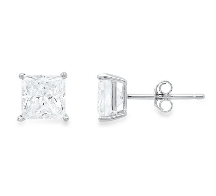 18k White Gold Plated Created White Sapphire 4Ct Princess Cut Stud Earrings