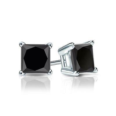 18k White Gold Plated Created Black Sapphire 4Ct Princess Cut  Stud Earrings
