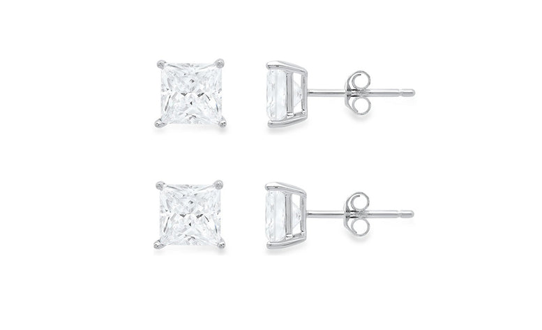 10k White Gold Plated Created White Sapphire 3Ct Princess Cut Set Of Two Stud Earrings