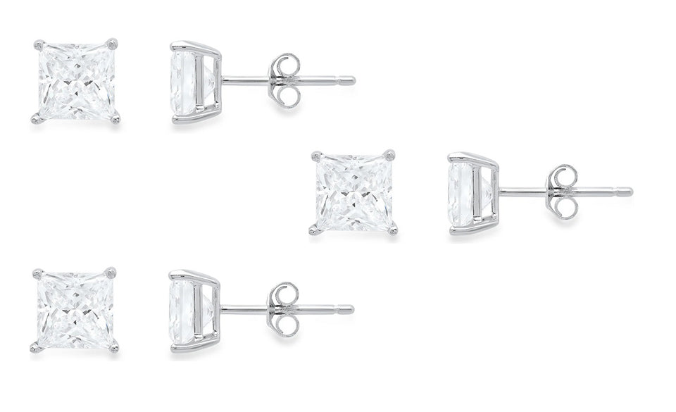 10k White Gold Plated Created White Sapphire 1/2Ct Princess Cut Set Of Three Stud Earrings